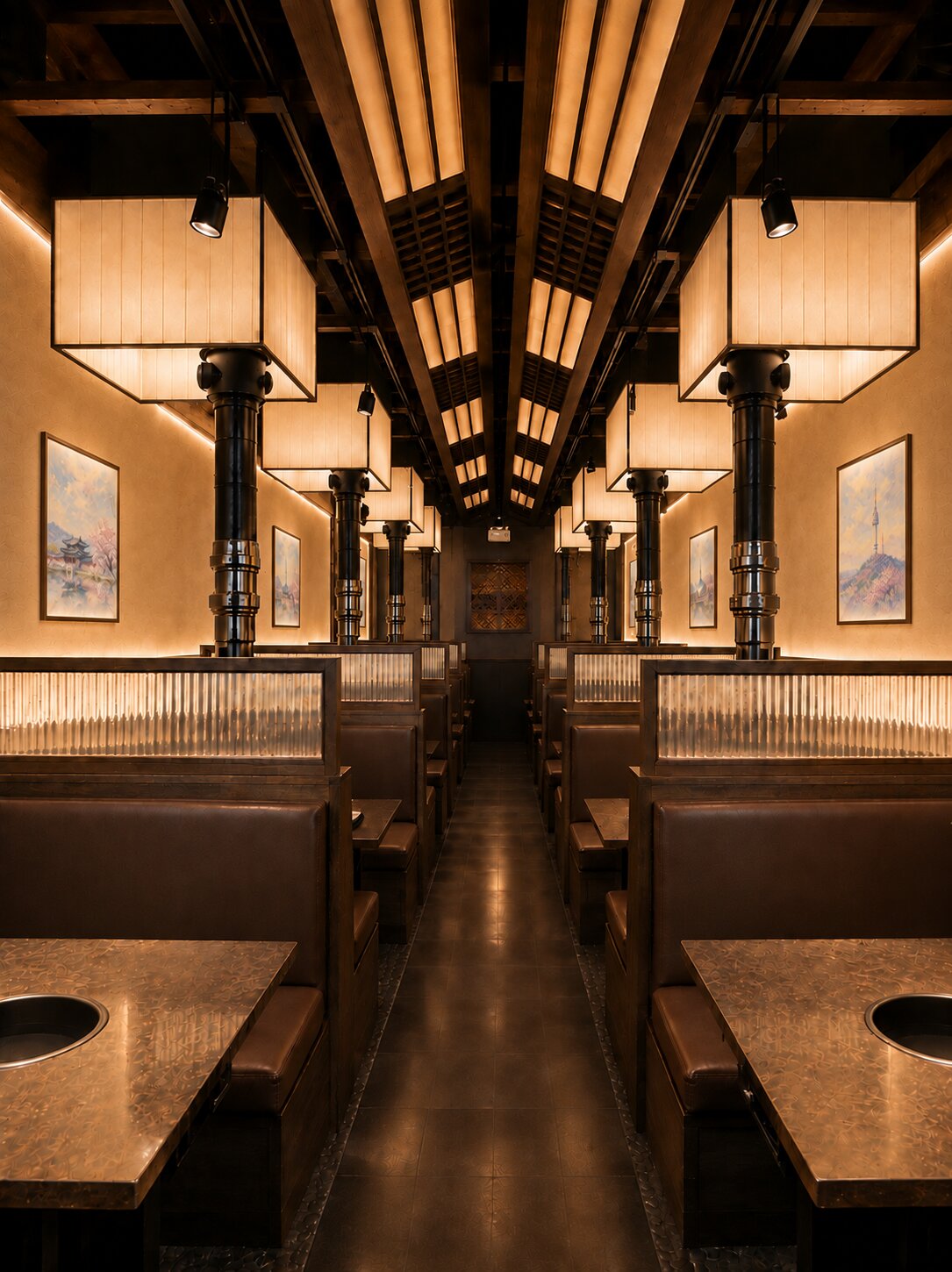 The dining room: copper-top tables with grills at the center, leather booths beneath glowing lantern hoods