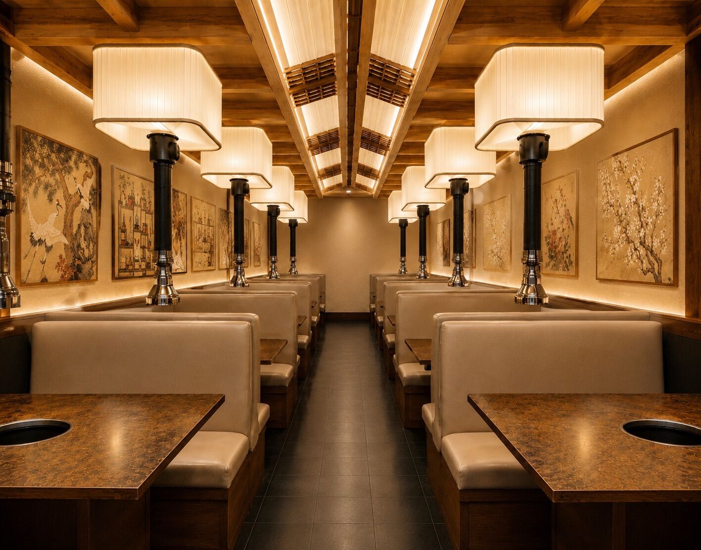 The dining room — leather booths beneath glowing lantern hoods, lined with Korean brush paintings